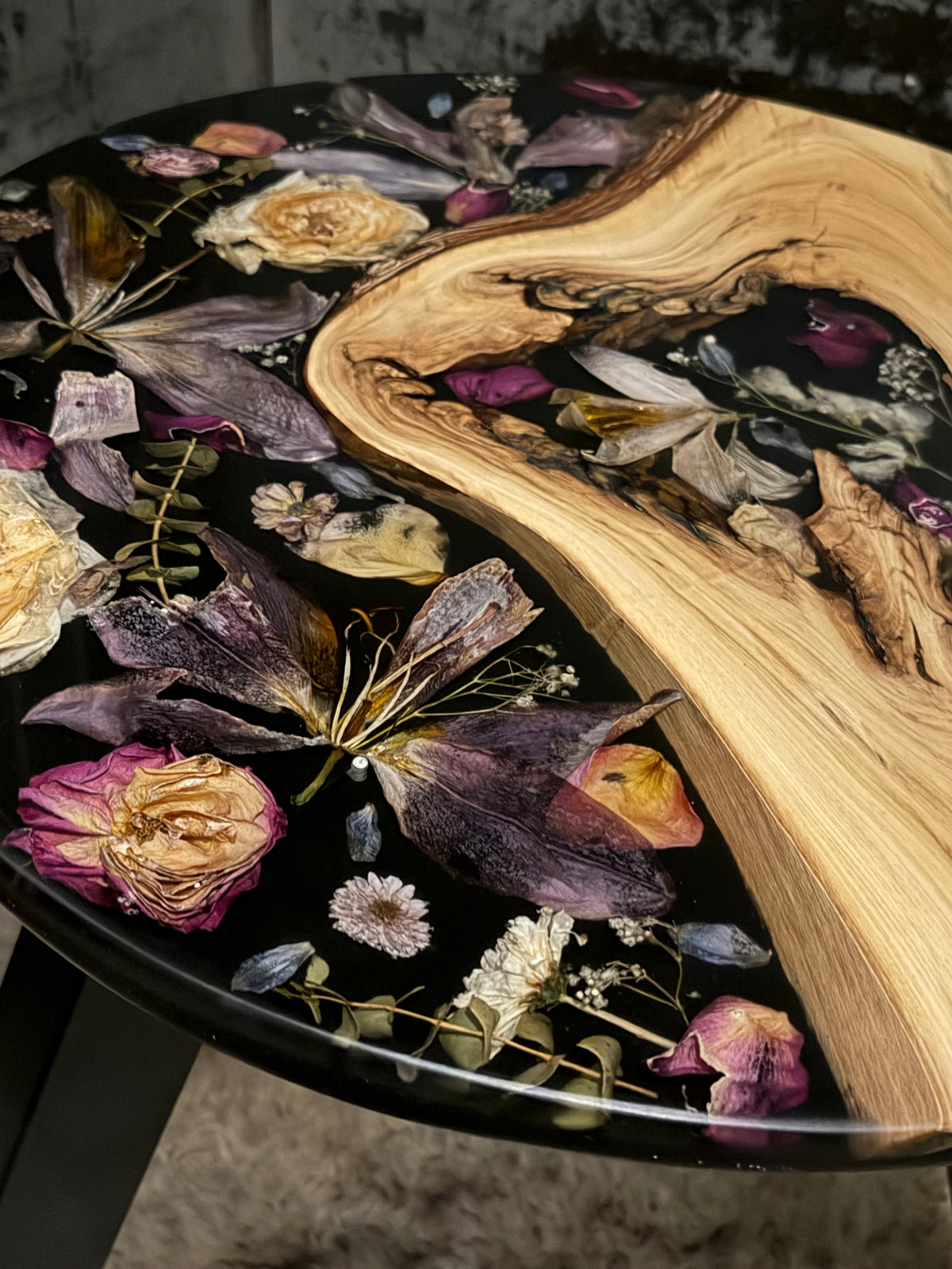 Midnight Bloom | Custom Floral Epoxy Side Table